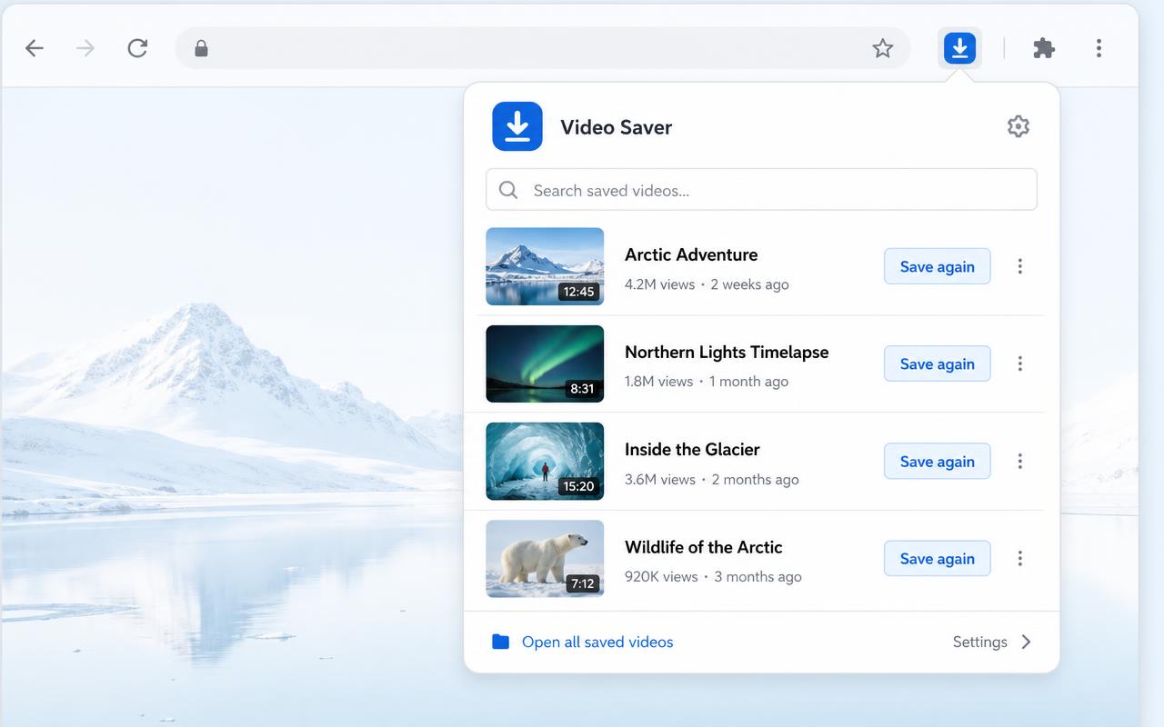 SaveClipX extension popup showing searchable saved video history