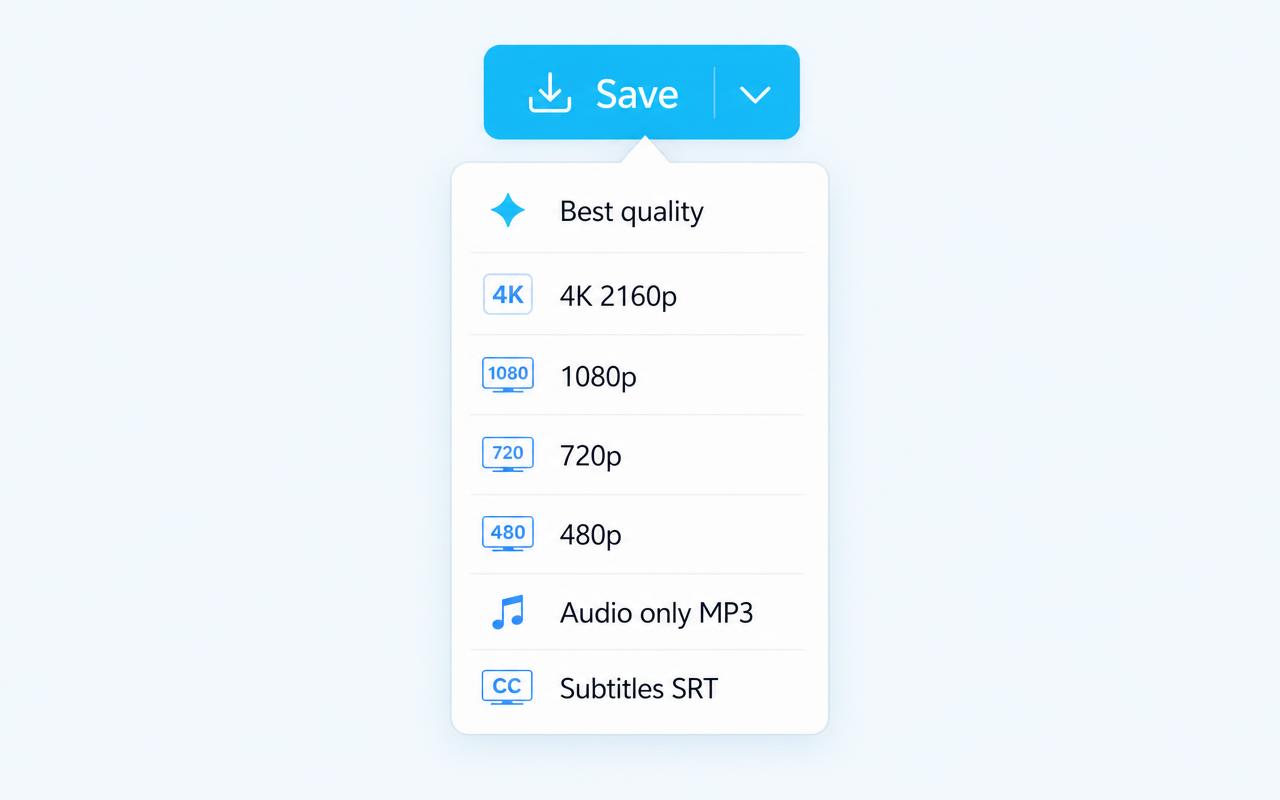 SaveClipX quality menu with 4K, 1080p, 720p, 480p, MP3 and SRT options