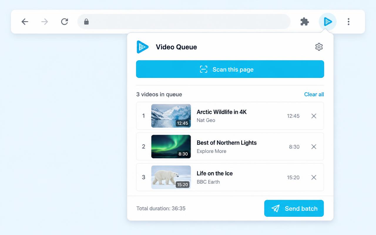 SaveClipX extension popup with a scan this page button and a queue of videos